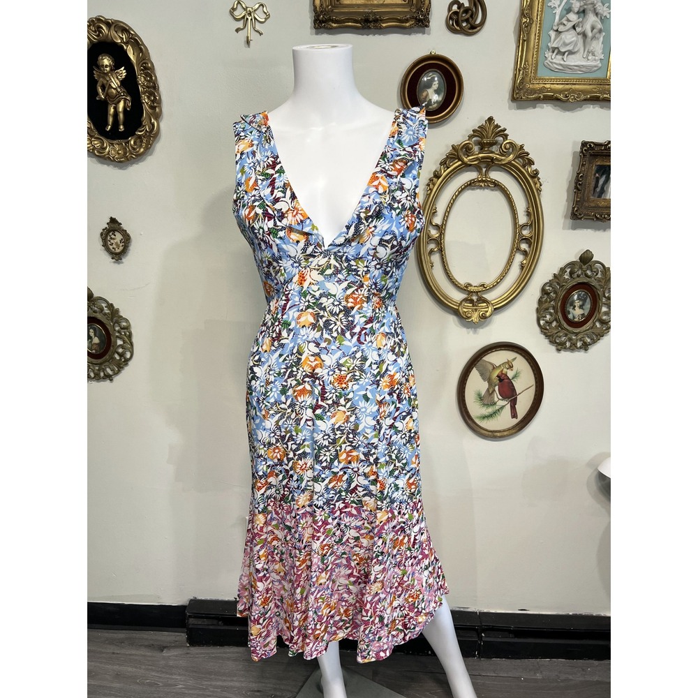 Saloni Holly Silk Floral Print Ruffle V-Neck Midi Dress Size US 8 / UK 12